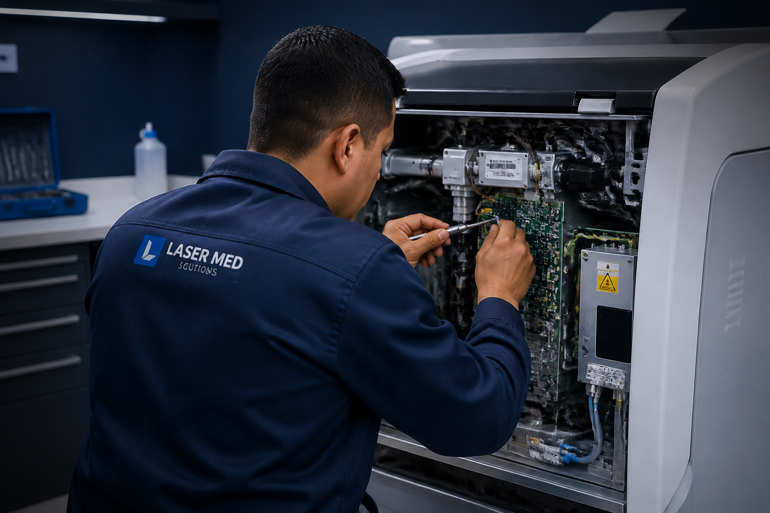 Ingeniero biomédico realizando mantenimiento a un equipo médico